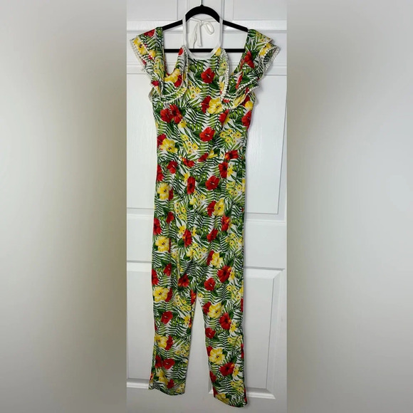 XOXO NEW GREEN YELLOW COLD-SHOULDER HALTER LACE-DOT JUMPSUIT - Picture 4 of 7